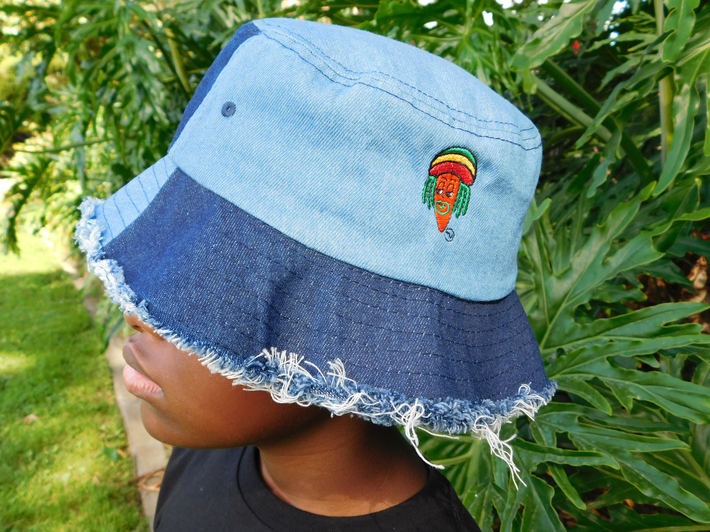 PoeticRhythm "Carrot Slick" Distressed denim bucket hat