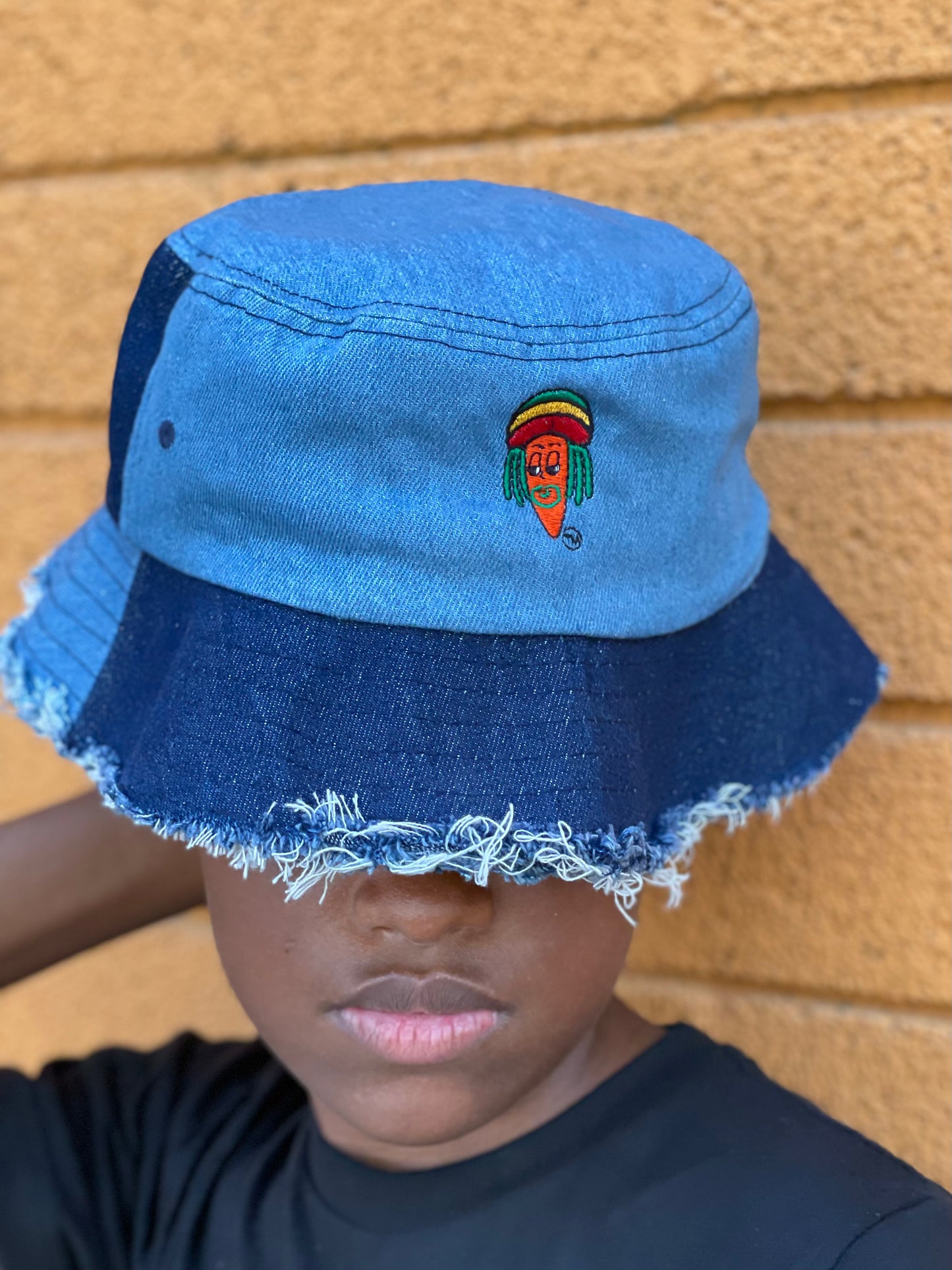 PoeticRhythm "Carrot Slick" Distressed denim bucket hat